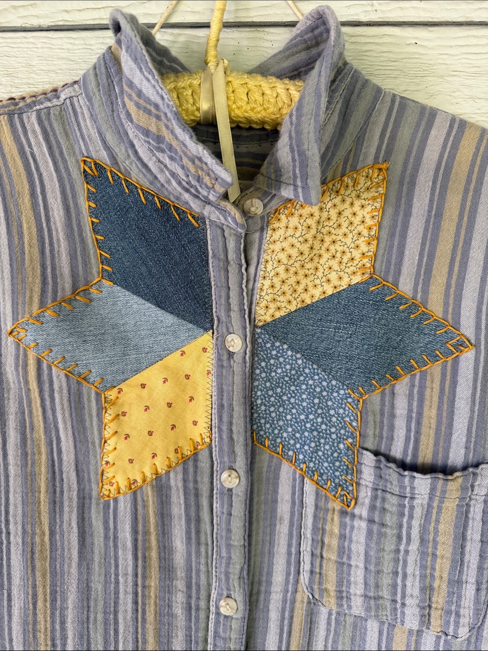 Cotton upcycled applique  hand embroidered  Blue  Patchwork Button-Up Blouse